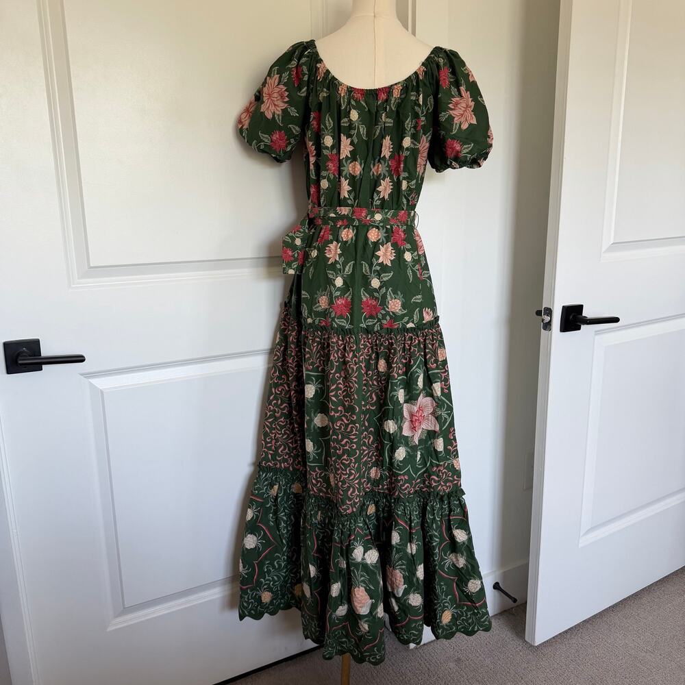 Farm Rio (M) Garden Green Floral Square Neck Puff Sleeve Maxi Dress Resort - Picture 5 of 10